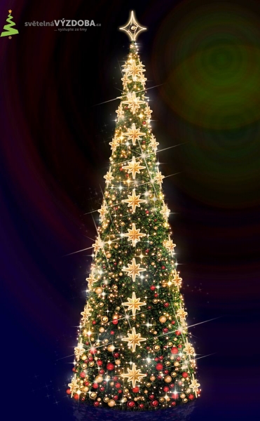 Vánoční strom s umělým jehličím, s LED řetězy , hvězdičkami a koulemi, se 3D hvězdou na špičce stromu.